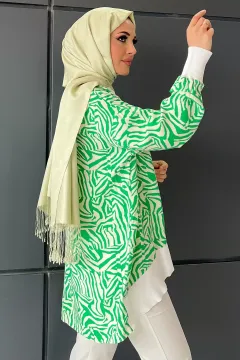 Kadın Desenli Salaş Tesettür Tunik Kremyeşil