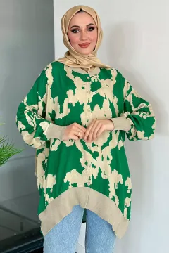 Kadın Desenli Salaş Tesettür Tunik Bejyeşil