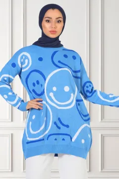 Kadın Desenli Salaş Triko Tunik Mavi
