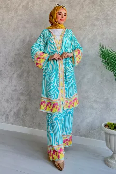 Kadın Desenli Tesettür Pantolon Kimono İkili Takım Turkuaz