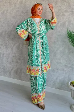 Kadın Desenli Tesettür Pantolon Kimono İkili Takım Yeşil
