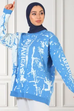 Kadın Desenli Triko Tunik Mavi