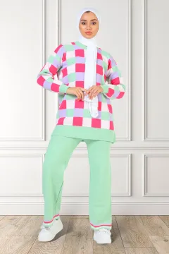 Kadın Desenli Triko Tunik Pantolon İkili Takım Mint