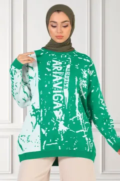 Kadın Desenli Triko Tunik Yeşil