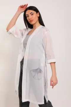 Kadın Desenli Tül Uzun Kimono Hırka Krem