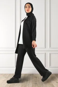 Kadın Desenli Tunik Pantolon Bluz Tesettür Üçlü Takım Siyah