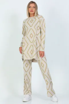 Kadın Desenli Tesettür Triko Tunik Pantolon İkili Takım Taş