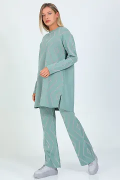 Kadın Desenli Tesettür Triko Tunik Pantolon İkili Takım Mint