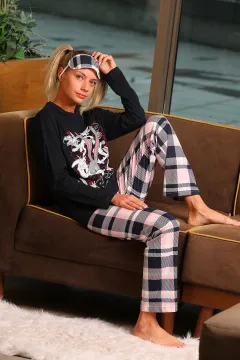 Kadın Desenli Uyku Bantlı Pijama Takımı Lacivert