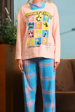 Kadın Desenli Uyku Bantlı Pijama Takımı Pudra
