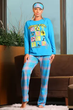Kadın Desenli Uyku Bantlı Pijama Takımı Koyumavi