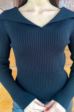 Kadın Devrik Yaka Fitilli Likralı Triko Bluz Siyah