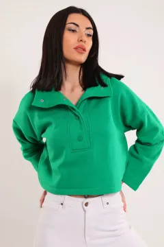 Kadın Dik Yaka Çıtçıt Detaylı Crop Sweatshirt Yeşil