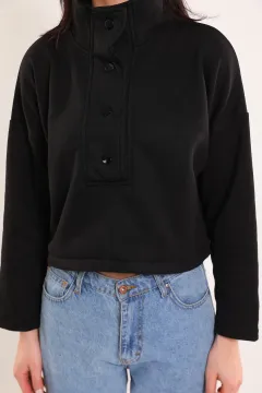 Kadın Dik Yaka Çıtçıt Detaylı Crop Sweatshirt Siyah