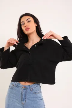 Kadın Dik Yaka Çıtçıt Detaylı Crop Sweatshirt Siyah