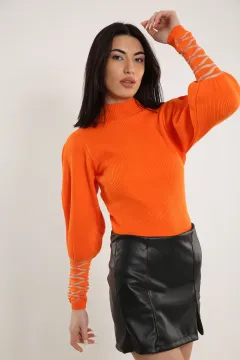Kadın Dik Yaka Kol Tranparan Triko Bluz Orange