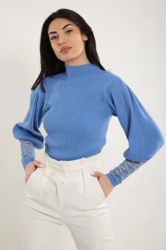 Kadın Dik Yaka Kol Tranparan Triko Bluz Mavi