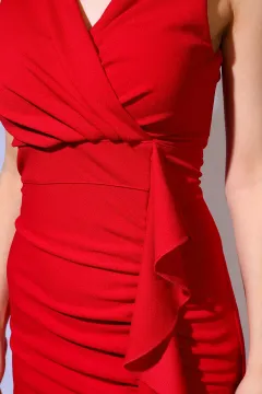 Kadın Drapeli Yırtmaçlı Abiye Elbise Kırmızı