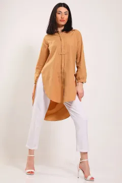 Kadın Düğme Detaylı Ön Kısa Arka Uzun Gömlek Tunik Bisküvi