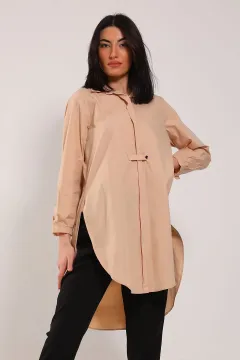 Kadın Düğme Detaylı Ön Kısa Arka Uzun Gömlek Tunik Bej