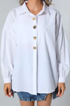 Kadın Düğme Detaylı Oversize Gömlek Beyaz