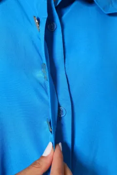 Kadın Düğme Detaylı Oversize Gömlek Mavi