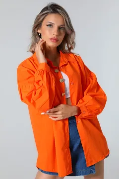 Kadın Düğme Detaylı Oversize Gömlek Orange
