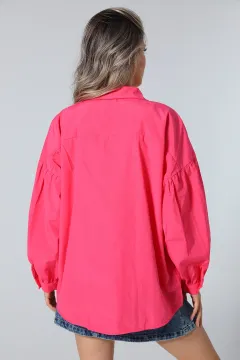 Kadın Düğme Detaylı Oversize Gömlek Pembe