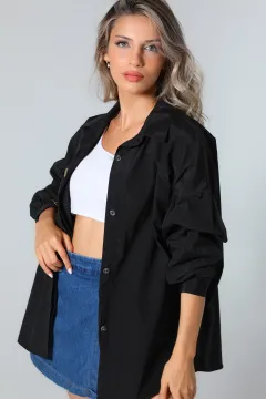 Kadın Düğme Detaylı Oversize Gömlek Siyah