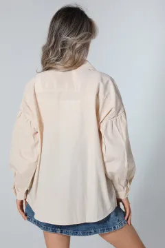 Kadın Düğme Detaylı Oversize Gömlek Taş