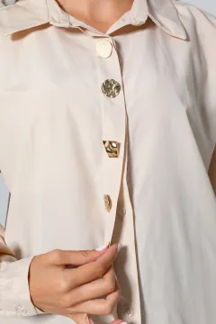Kadın Düğme Detaylı Oversize Gömlek Taş