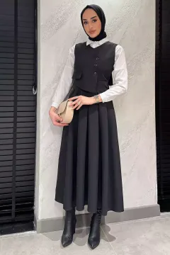 Kadın Düğme Detaylı Pileli Tesettür Jile Elbise Siyah