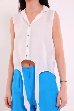 Kadın Düğmeli Ön Bağlama Detaylı Gömlek Krem