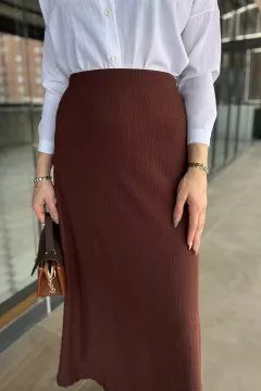 Kadın Düz Renk Bel Lastikli Bürümcük Tesettür Kiloş Etek Kahve
