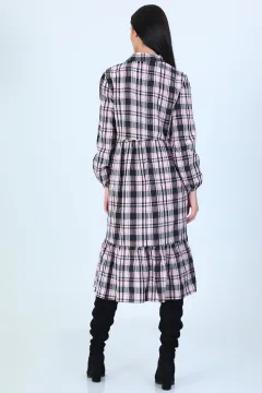 Kadın Ekoseli Gömlek Yaka Midi Boy Elbise Siyahpudra