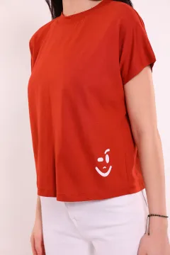 Kadın Etek Ucu Baskılı Oversize T-shirt Kiremit