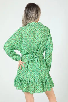 Kadın Etek Ucu Fırfırlı Saten Gömlek Elbise Yeşil