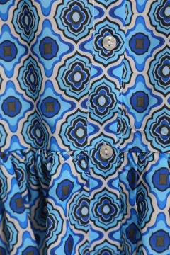 Kadın Etek Ucu Fırfırlı Saten Gömlek Elbise Mavi