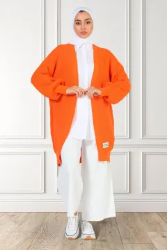 Kadın Etiket Detaylı Triko Hırka Orange