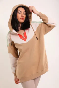 Kadın Fermuar Detaylı Renk Garnili Kapüşonlu Sweatshirt Bisküvi
