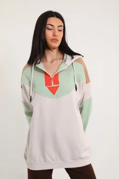 Kadın Fermuar Detaylı Renk Garnili Kapüşonlu Sweatshirt Bej