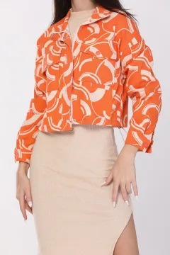 Kadın Fermuarlı Beli Lastikli Crop Ceket Orange
