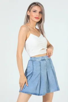 Kadın Fermuarlı Mini Jeans Etek Mavi