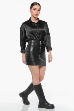 Kadın Fermuarlı Sahte Cep Detaylı Mini Deri Etek Siyah