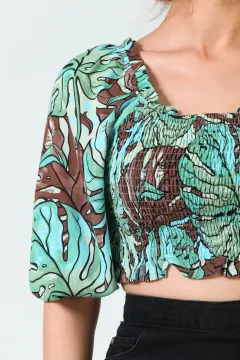 Kadın Gipeli Desenli Crop Bluz Yeşilkahve