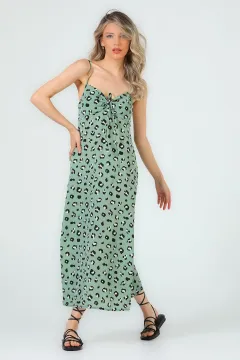 Kadın Göğüs İp Detaylı İp Askılı Leopar Elbise Yeşil
