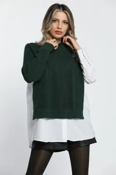 Kadın Gömlek Garnili Triko Kazak Yeşil