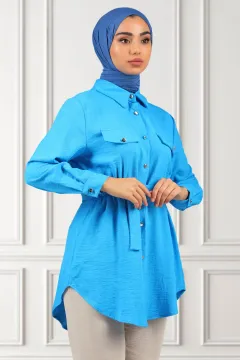 Kadın Gömlek Yaka Bel Lastikli Kuşak Detaylı Tesettür Tunik Mavi