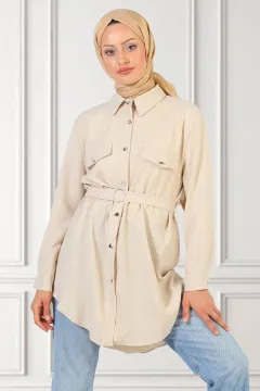 Kadın Gömlek Yaka Bel Lastikli Kuşak Detaylı Tesettür Tunik Bej
