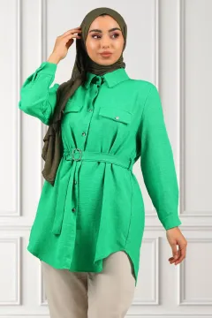 Kadın Gömlek Yaka Bel Lastikli Kuşak Detaylı Tesettür Tunik Yeşil